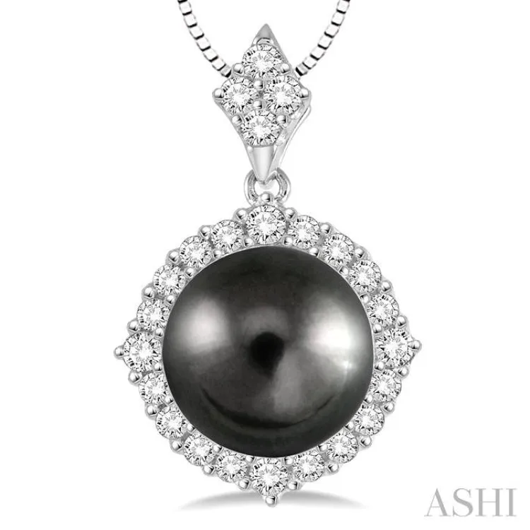 10x10 MM Black Cultured Pearl and 1/2 Ctw Round Cut Diamond Pendant in 14K White Gold with chain