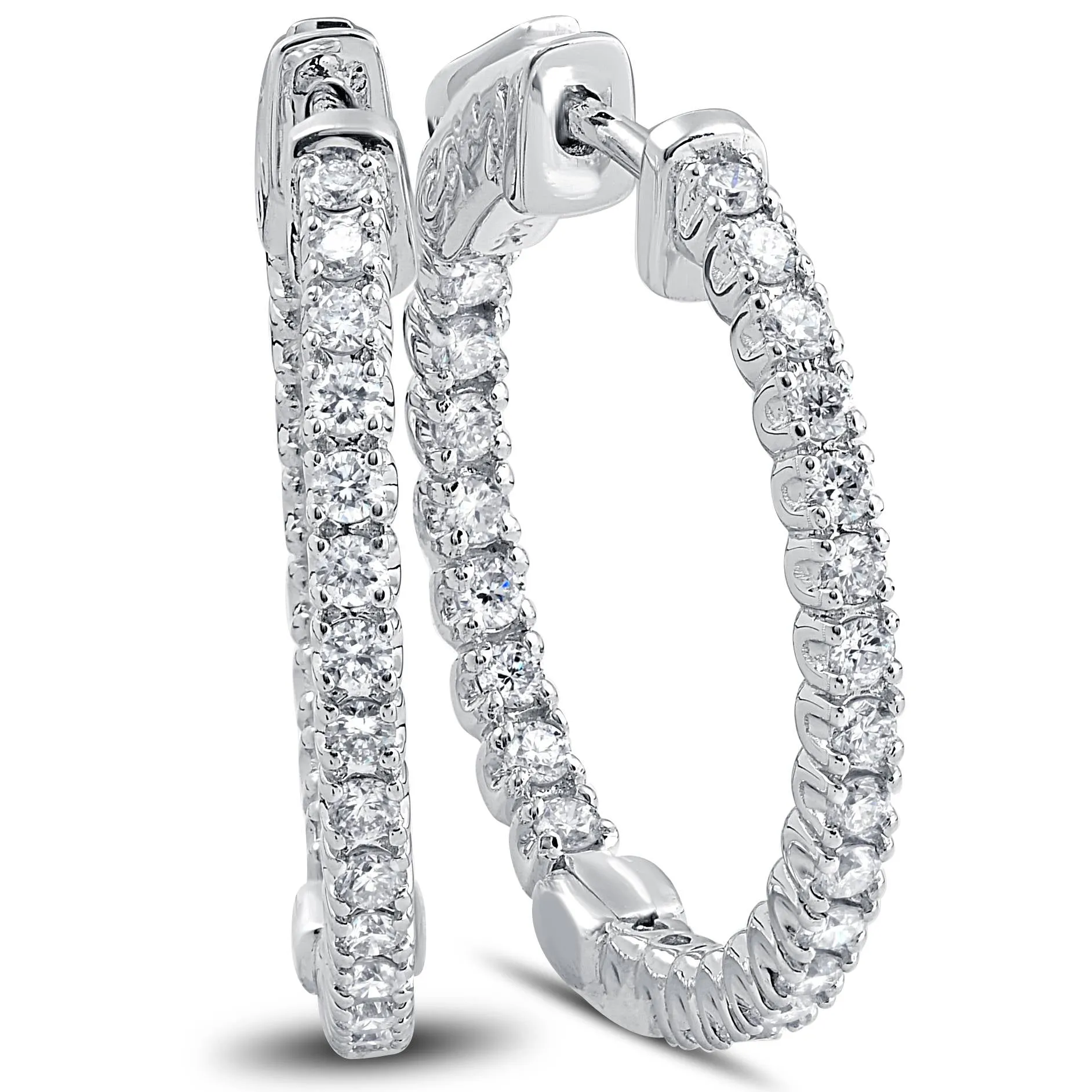 1.25 Ct Diamond Oval Shape Inside Outside Hoops Earrings 14k White Gold 1"