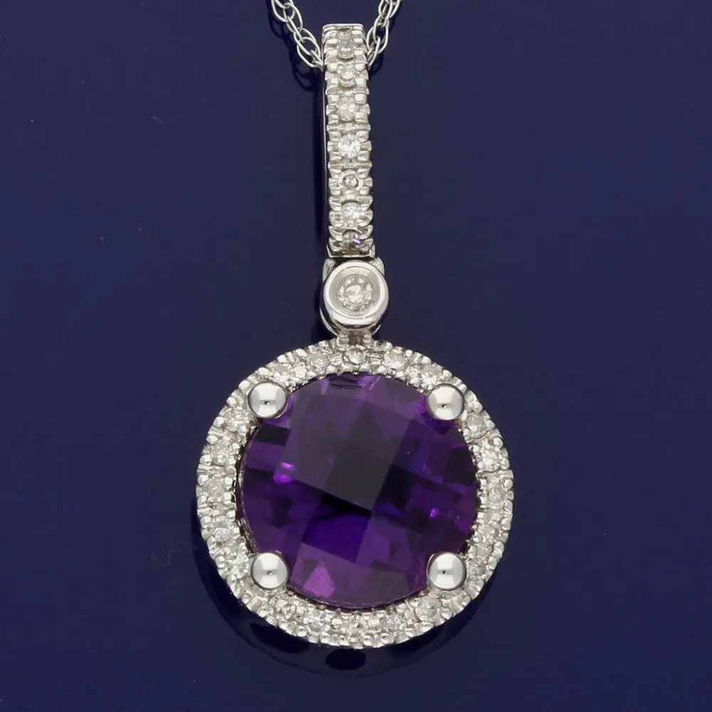 14ct White Gold Round Amethyst and Diamond Halo Pendant Necklace