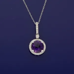 14ct White Gold Round Amethyst and Diamond Halo Pendant Necklace