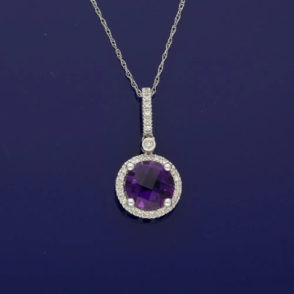 14ct White Gold Round Amethyst and Diamond Halo Pendant Necklace