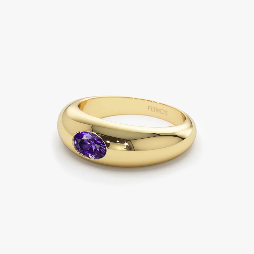 14k Flush Set Oval Amethyst Dome Ring