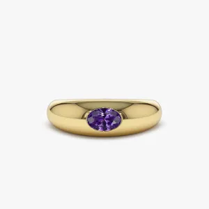 14k Flush Set Oval Amethyst Dome Ring