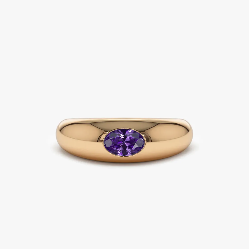 14k Flush Set Oval Amethyst Dome Ring