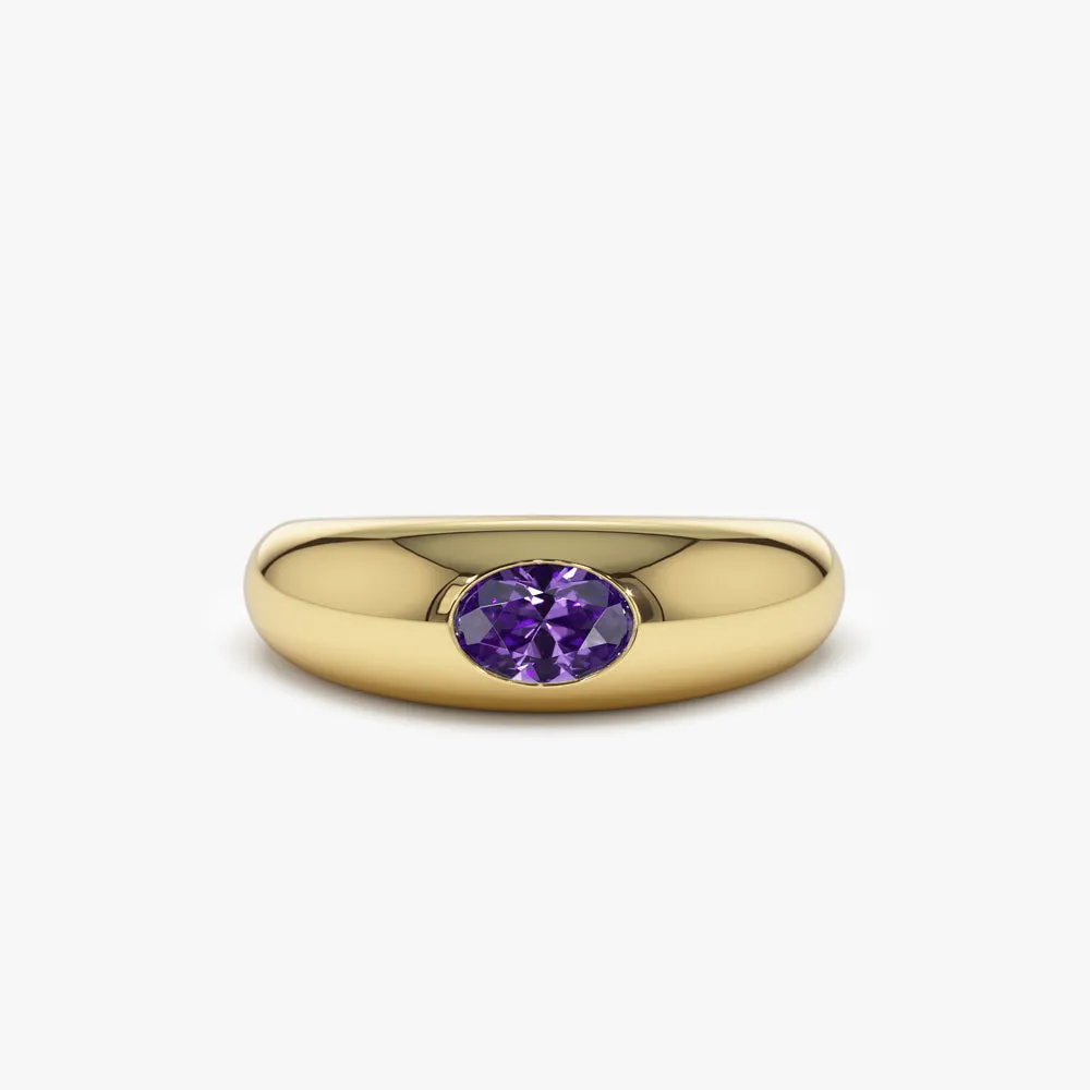 14k Flush Set Oval Amethyst Dome Ring