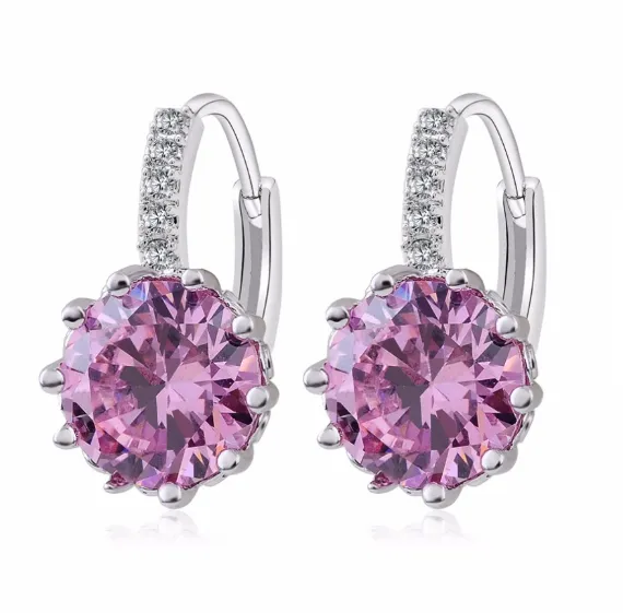 14K Gold Plated Perfect Pink 3.5CTW CZ Solitaire Hoop Earrings For Woman