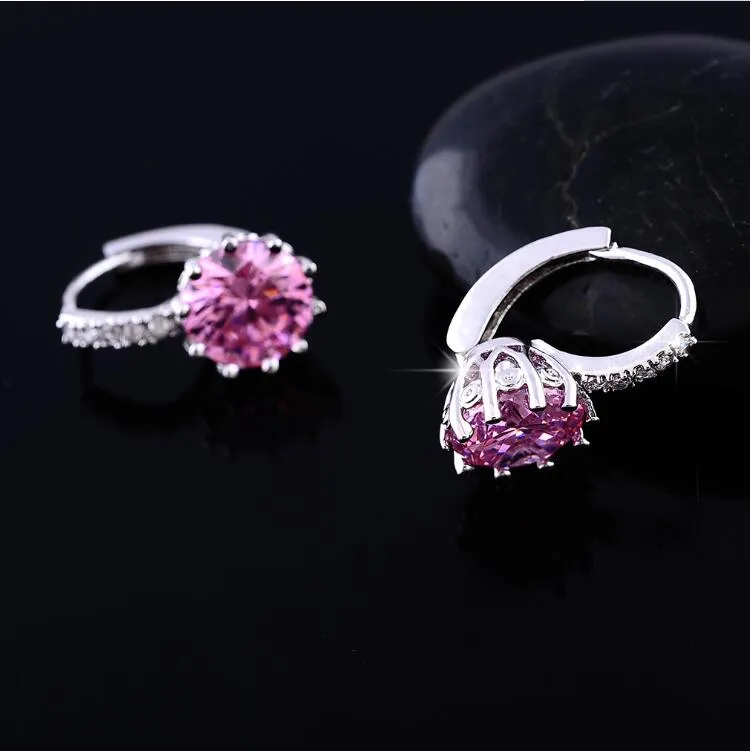 14K Gold Plated Perfect Pink 3.5CTW CZ Solitaire Hoop Earrings For Woman