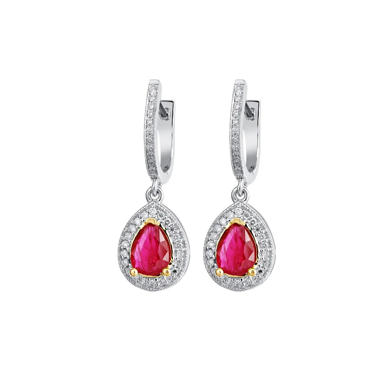 14K White and Yellow Gold Pear Ruby with Diamond Halo Hoop Earrings