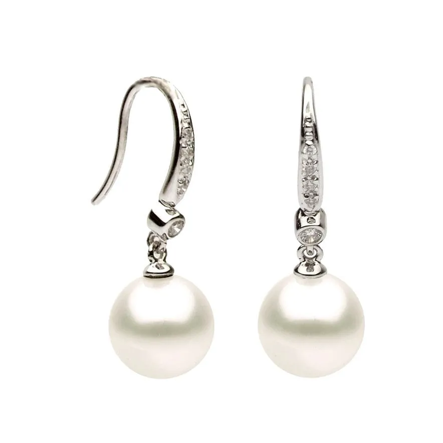 14k White Gold 8-9mm Diamond & Pearl Drop Earrings