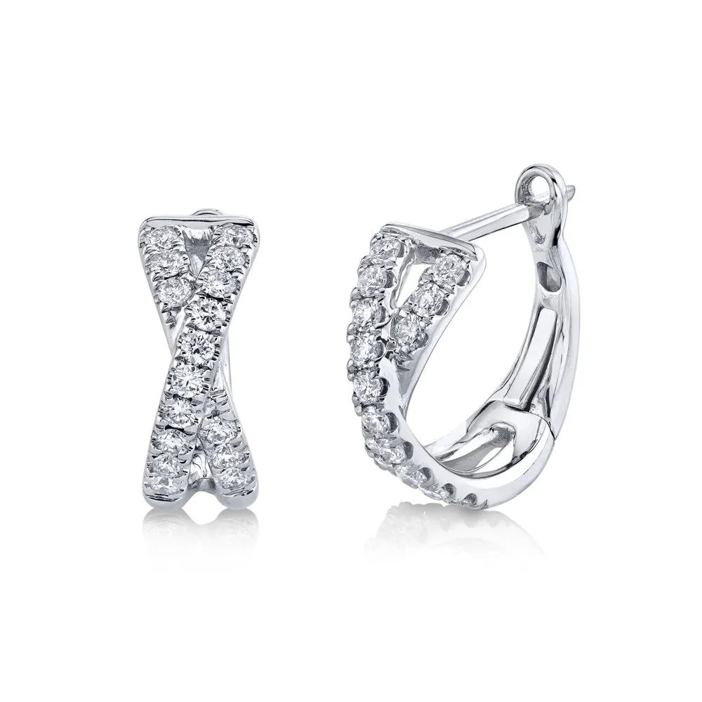 14K White Gold Diamond Crossover Huggie Earrings