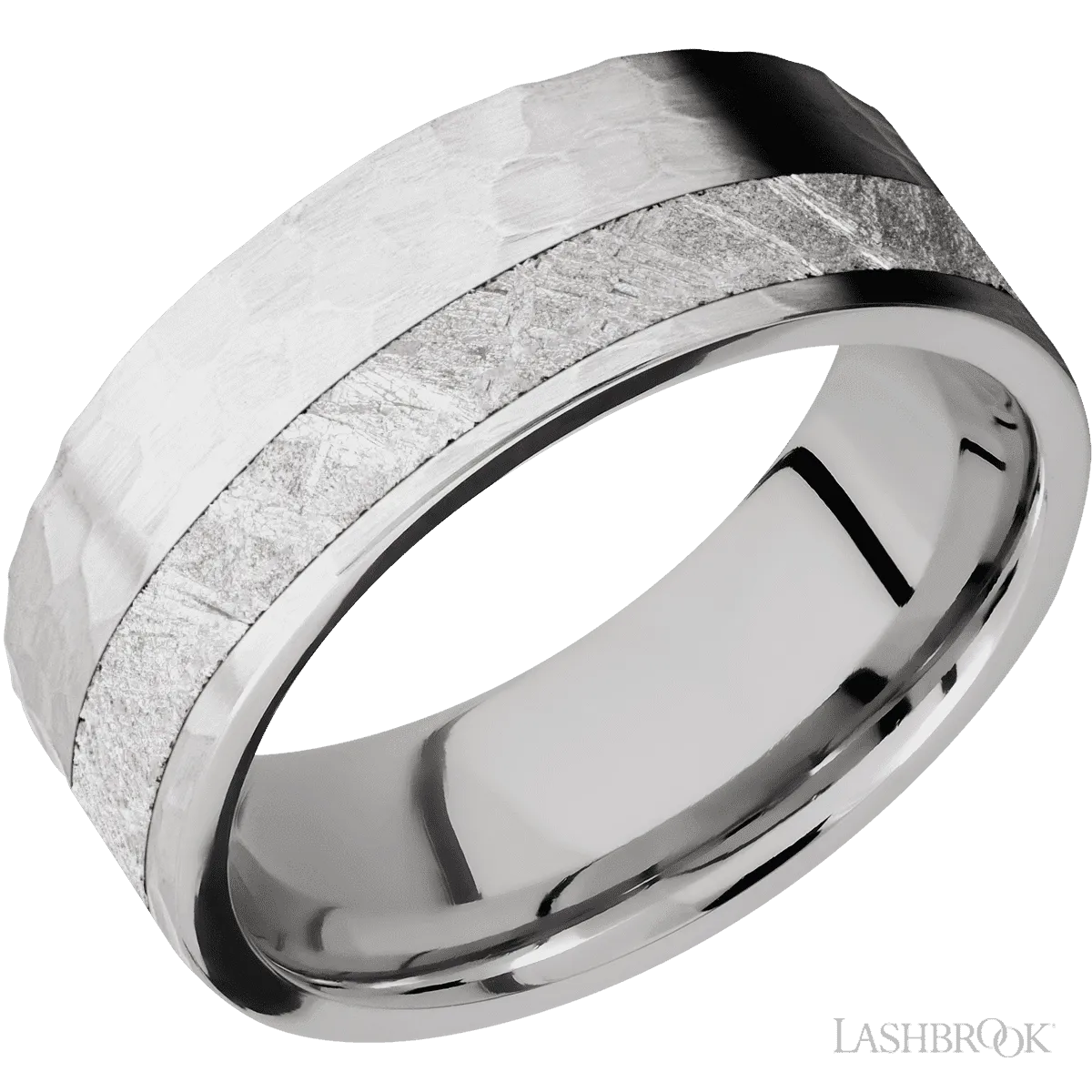 14K White Gold with Hammer , Hammer Finish and Meteorite Inlay - 8MM