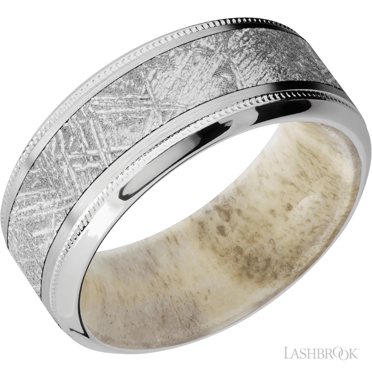 14K White Gold with Satin , Polish Finish and Meteorite Inlay and Antler - 9MM