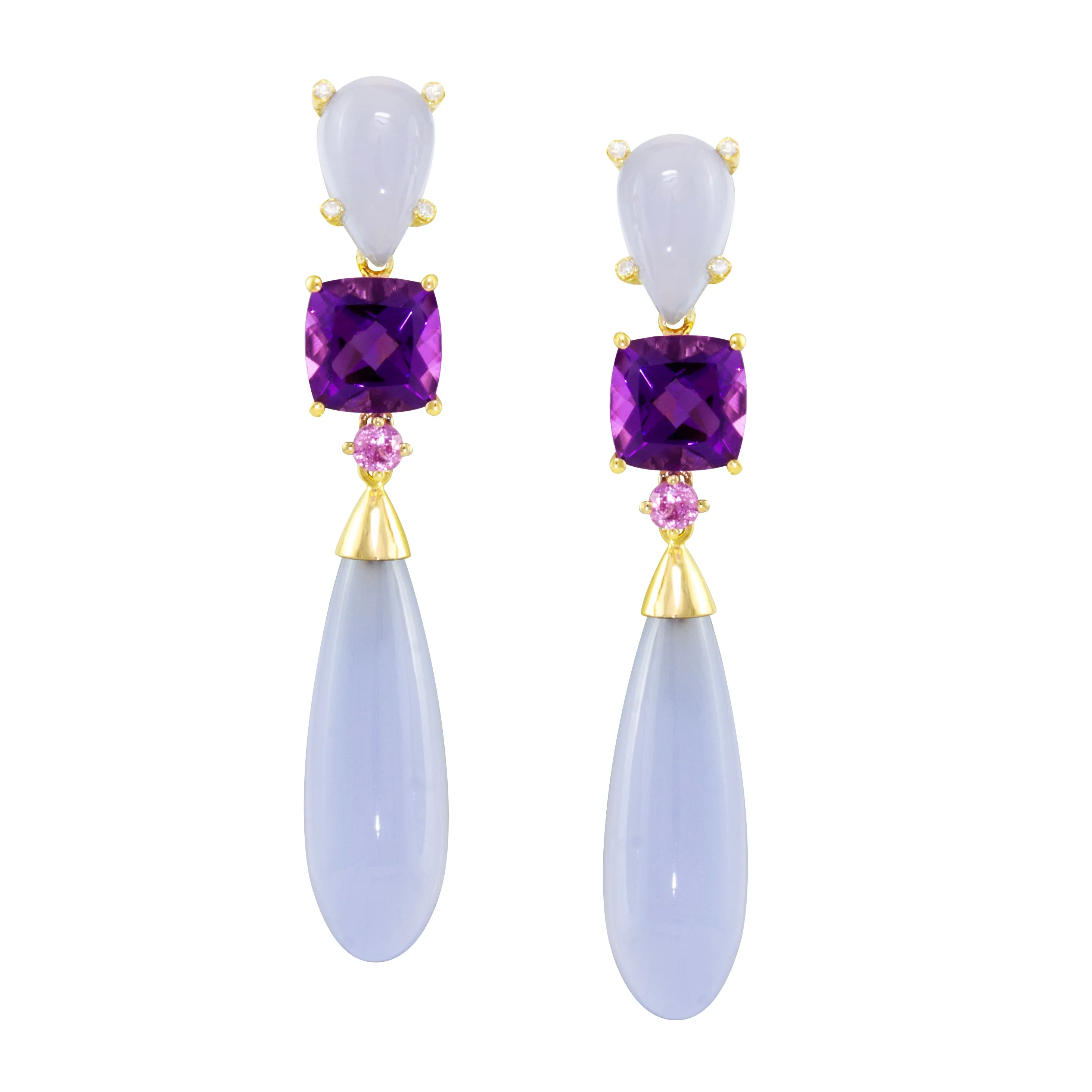 14K Yellow Chalcedony, Amethyst and Natural Diamond Dangle Earrings