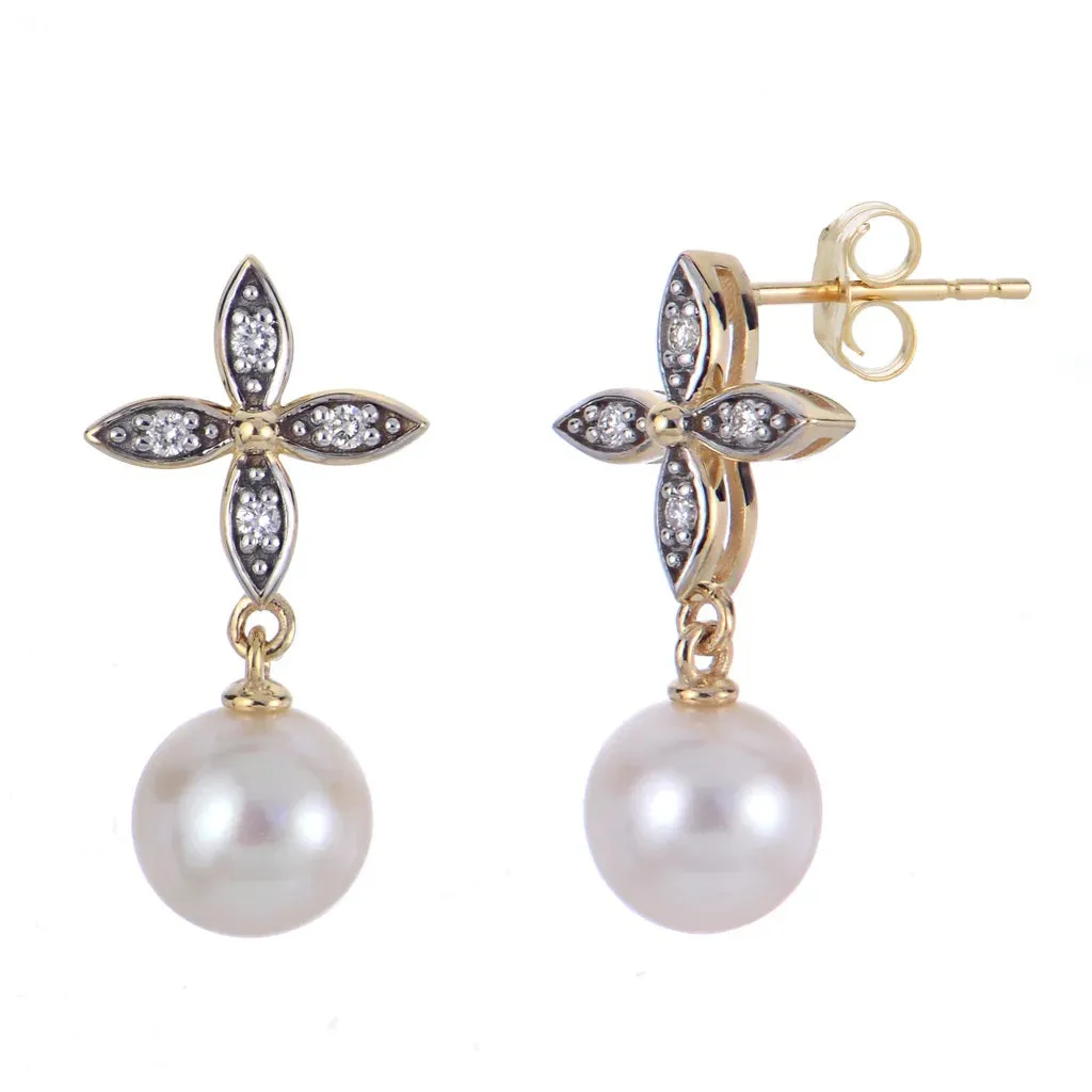 14K Yellow Fresh Water Pearl and Natural Diamond Earrings