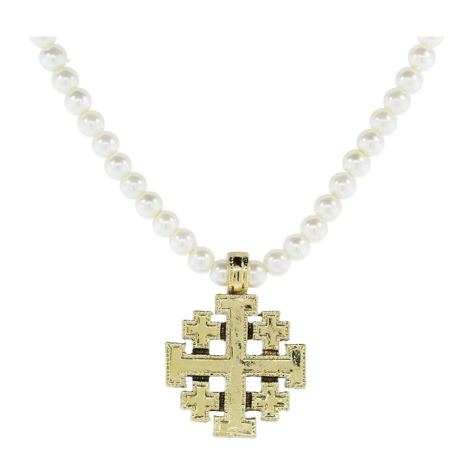 1928 Jewelry Gold Jerusalem Cross Pendant 4mm Faux Pearl Strand Necklace 15"   3" Extender