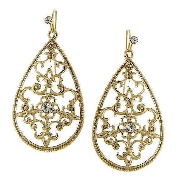 1928 Jewelry Golden Glitz Teardrop Crystal Filigree Drop Earrings