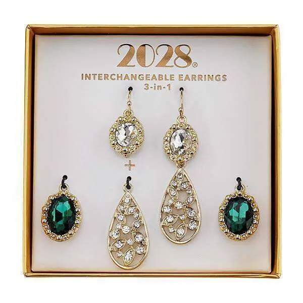 1928 Jewelry Green And Crystal Interchangeable Earrings Boxed Set