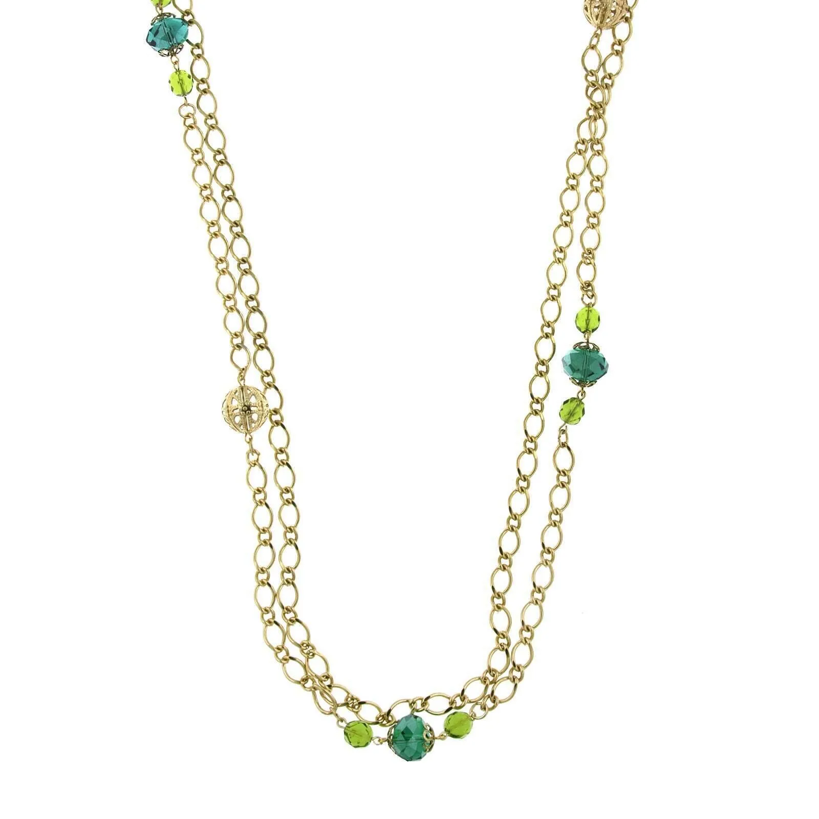 1928 Jewelry Green Crystal And Filigree Bead Long Necklace 42"