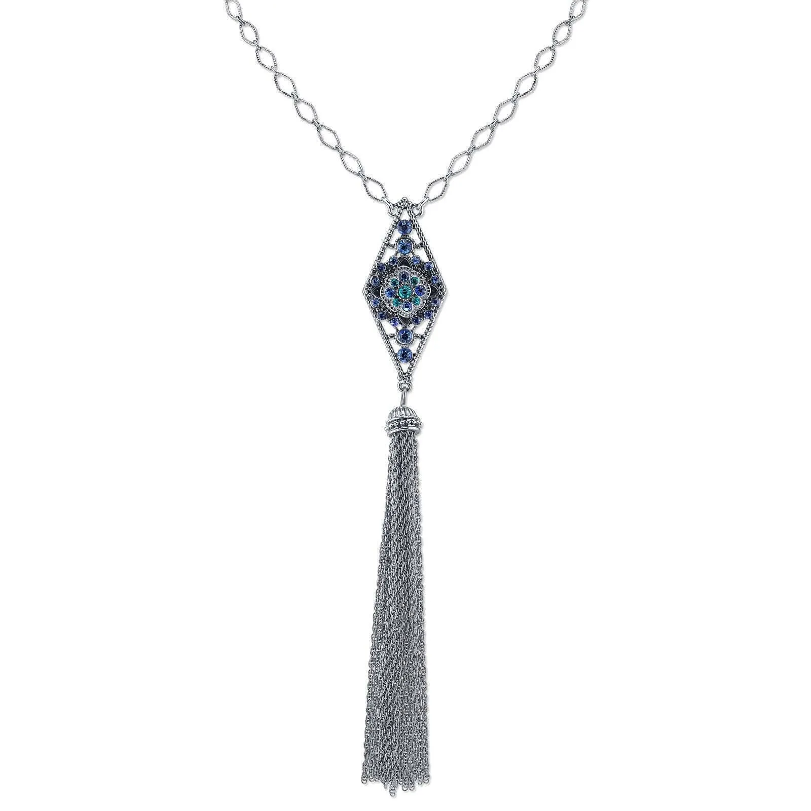 1928 Jewelry Multi Blue Crystal Diamond Link Chain Tassel Necklace 26"