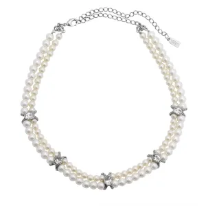 1928 Jewelry Oval Crystal Double 5mm & 6mm Faux Pearl Strand Necklace 13"   3" Extender