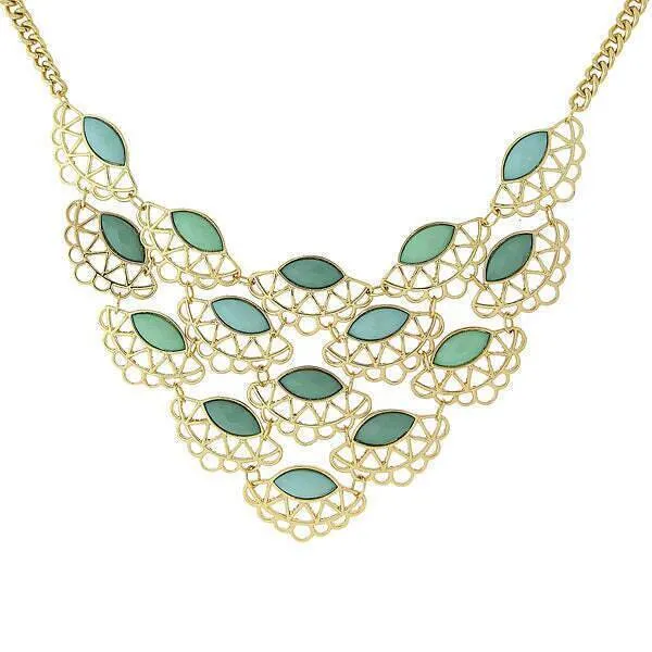 1928 Jewelry Turquoise Stone Filigree Bib Necklace 16"   3" Extension