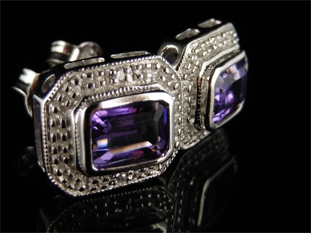 1Ct Emerald Cut Amethyst & Diamond Stunning Silver Earrings