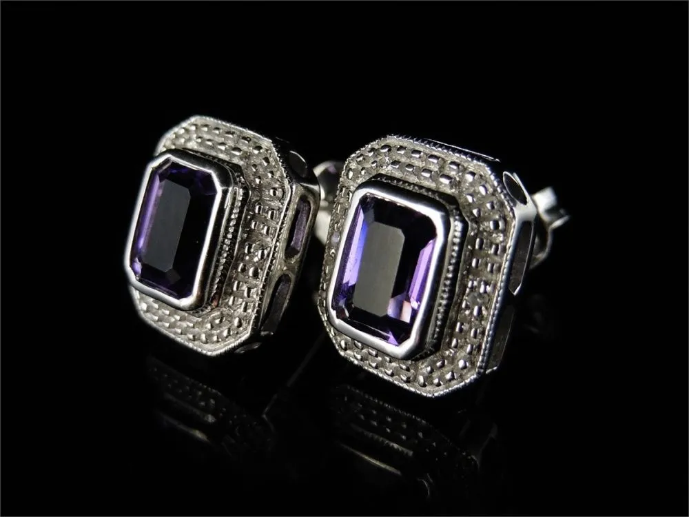 1Ct Emerald Cut Amethyst & Diamond Stunning Silver Earrings