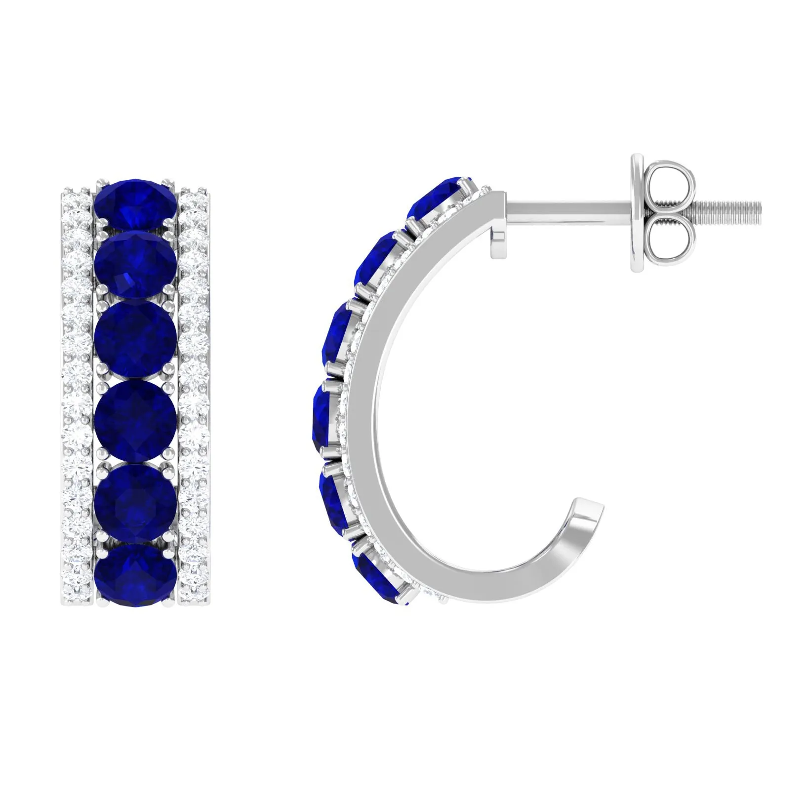 2.25 CT Blue Sapphire and Diamond Half Hoop Earrings