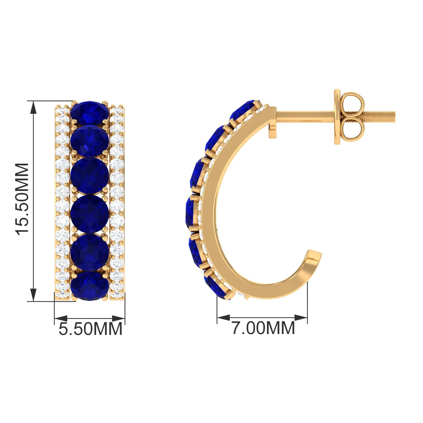 2.25 CT Blue Sapphire and Diamond Half Hoop Earrings