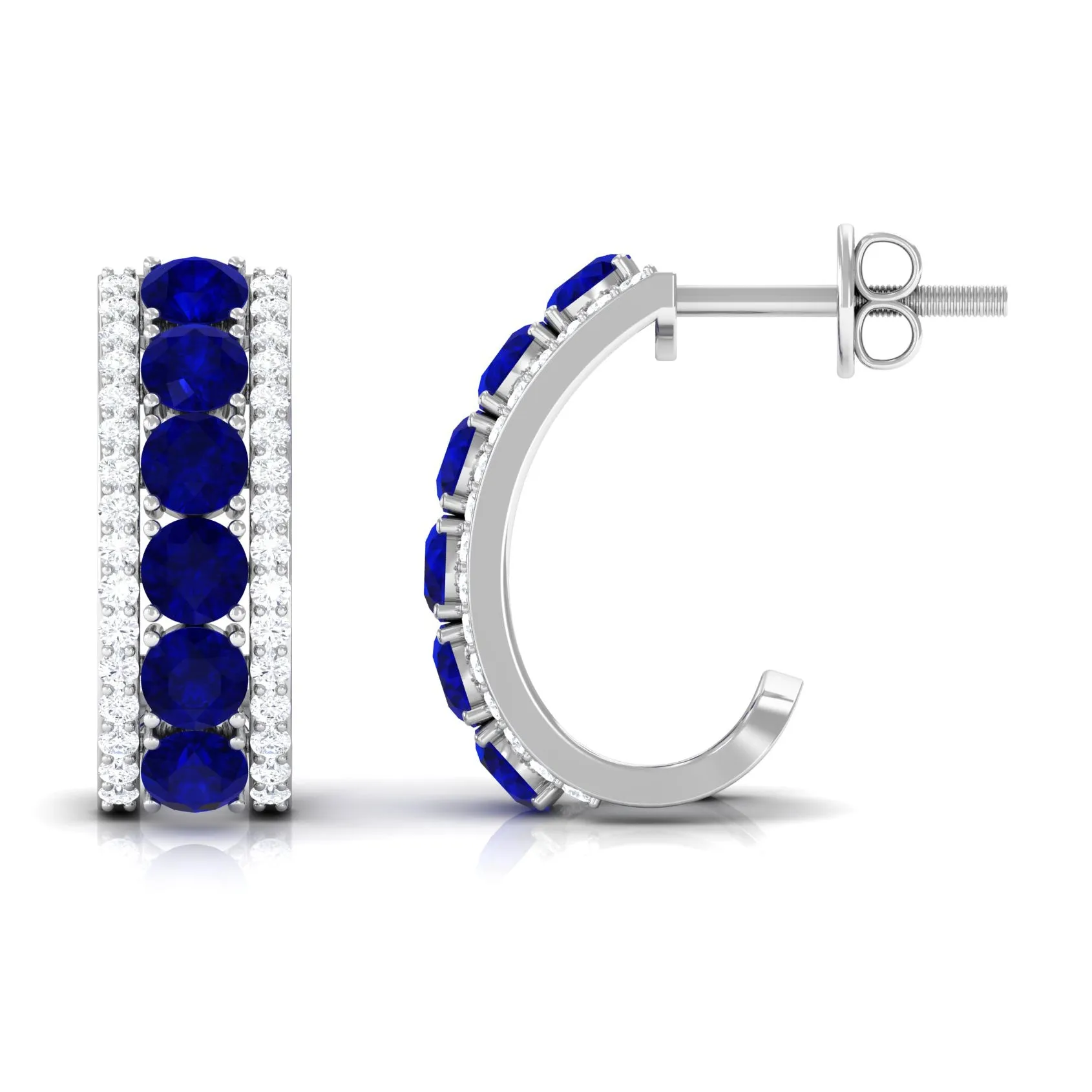 2.25 CT Blue Sapphire and Diamond Half Hoop Earrings