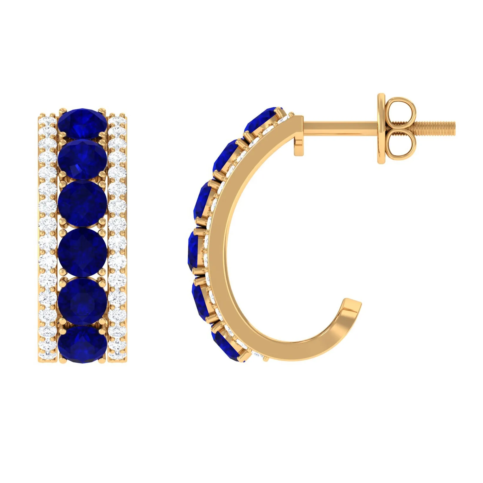 2.25 CT Blue Sapphire and Diamond Half Hoop Earrings