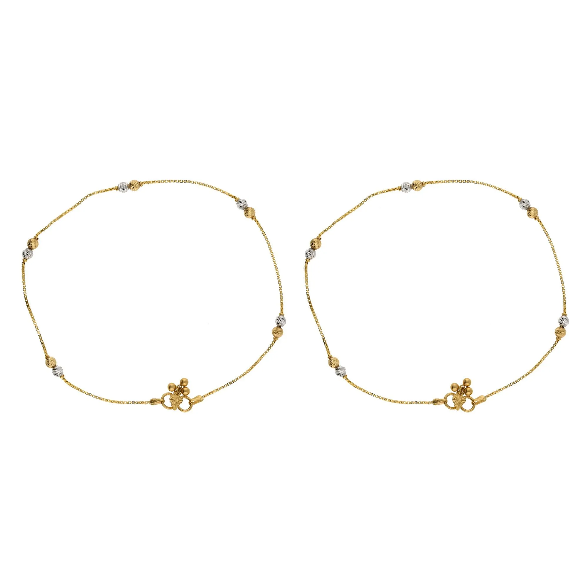 22K Multi Tone Gold Box Link Anklets Set of 2 W/ Etched Gold Balls, 10.1 Grams