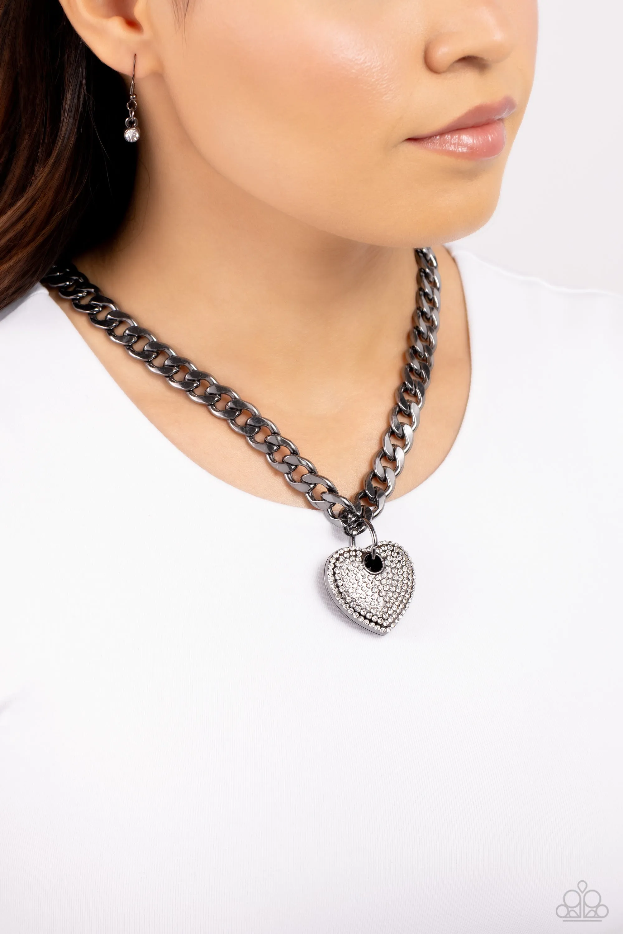 Ardent Affection - Black - White Rhinestone Gunmetal Heart Paparazzi Short Necklace