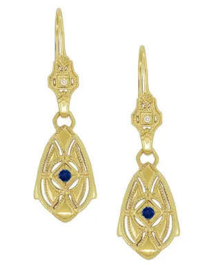 Art Deco Dangling Sterling Silver Blue Sapphire and Diamond Filigree Earrings with Yellow Gold Vermeil