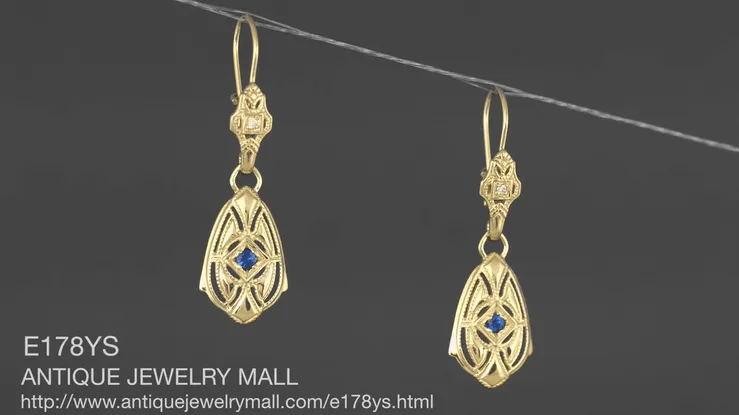 Art Deco Dangling Sterling Silver Blue Sapphire and Diamond Filigree Earrings with Yellow Gold Vermeil