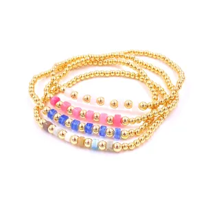 Ashley Gold Stainless Steel Gold Plated 6 Semi Precious Stone Ball Beaded Stretch Bracelet