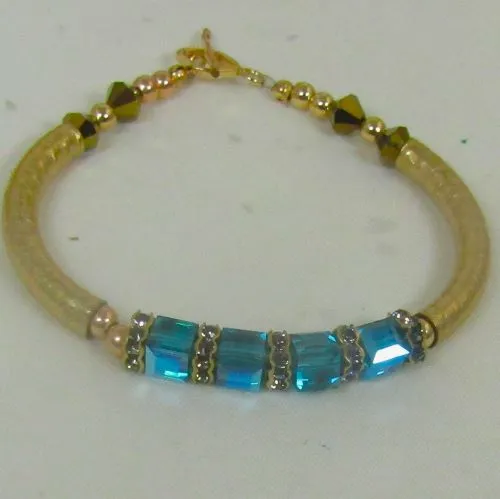 Bangle Bracelet with Blue Crystal Cube and Gold  Bangle