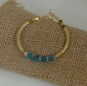 Bangle Bracelet with Blue Crystal Cube and Gold  Bangle