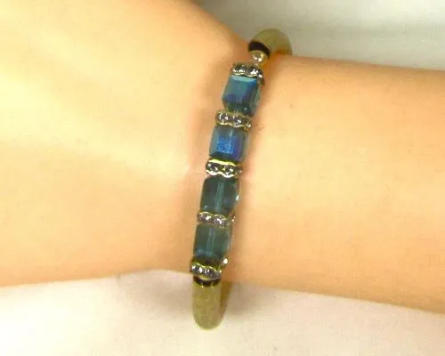 Bangle Bracelet with Blue Crystal Cube and Gold  Bangle