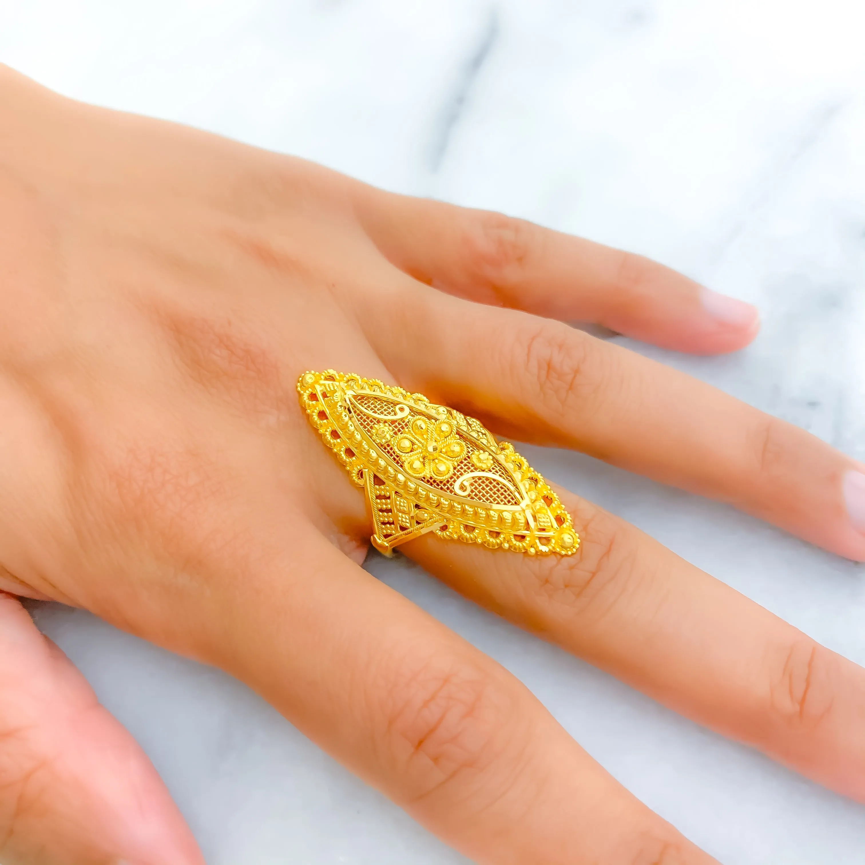 Blooming Floral 22k Gold Elongated Ring