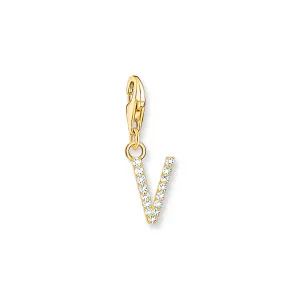 Charm pendant letter V with white stones gold plated