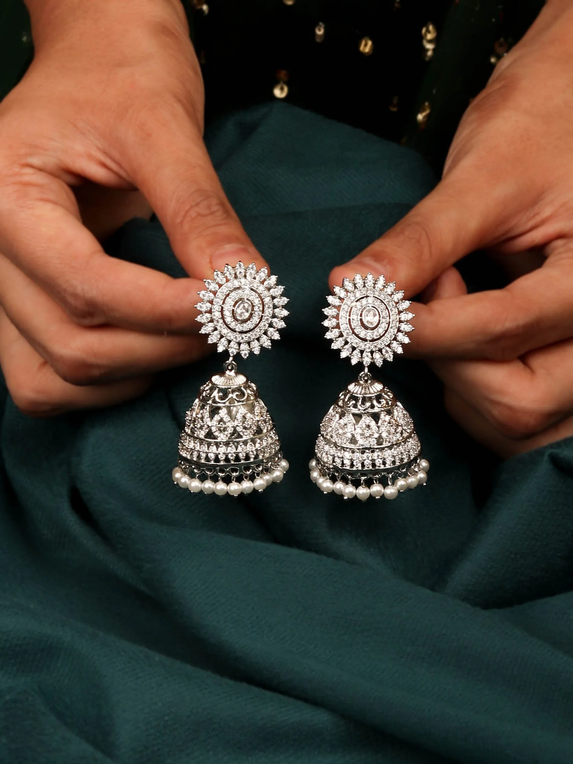 Dazzling Rhodium Plated Jhumka With Classic White CZ Stones for Women