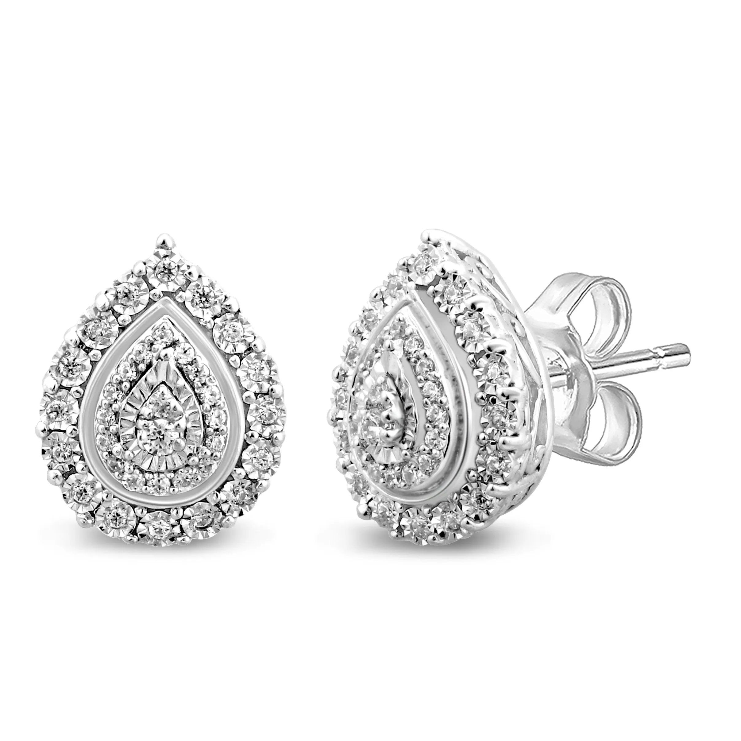 Double Pear Halo Stud Earrings with 1/5ct of Diamonds in 9ct White Gold