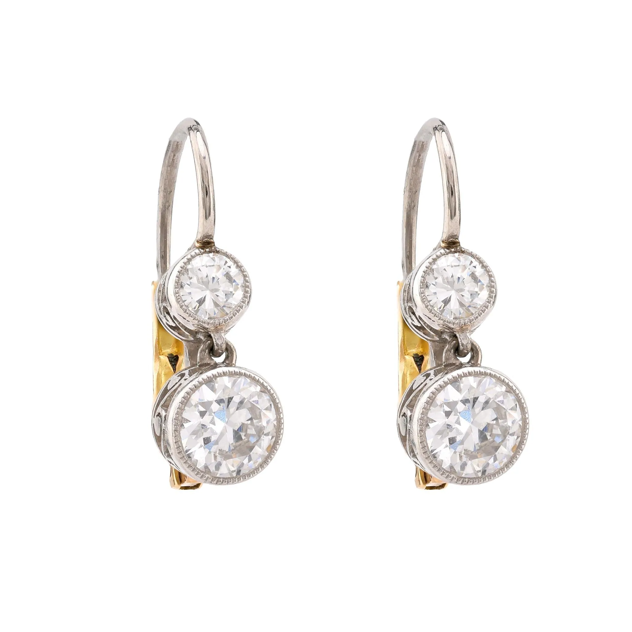 Edwardian Inspired Diamond Platinum Two Stone Drop Earrings