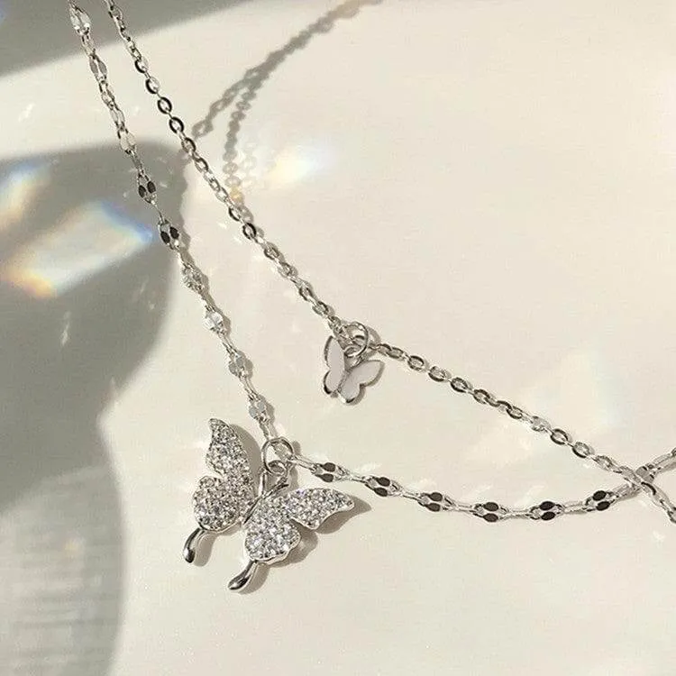 Fashion Jewelry Elegant Silver Color Shiny Butterfly Necklaces Ladies Exquisite Double Layer Clavicle Chain Necklace Jewelry Gift