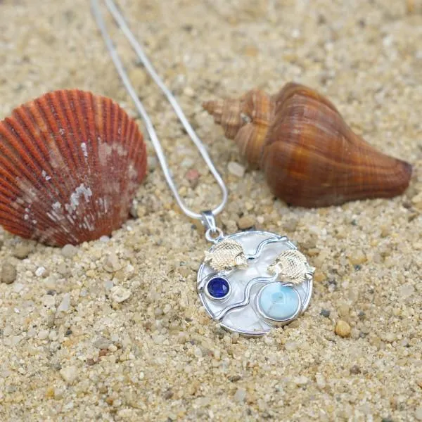 Fish Necklace with Larimar, Lapis Lazuli and Mother of Pearl