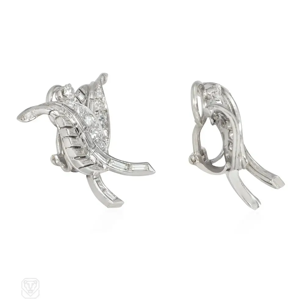 French 1950s platinum and diamond overlapping leaf earrings