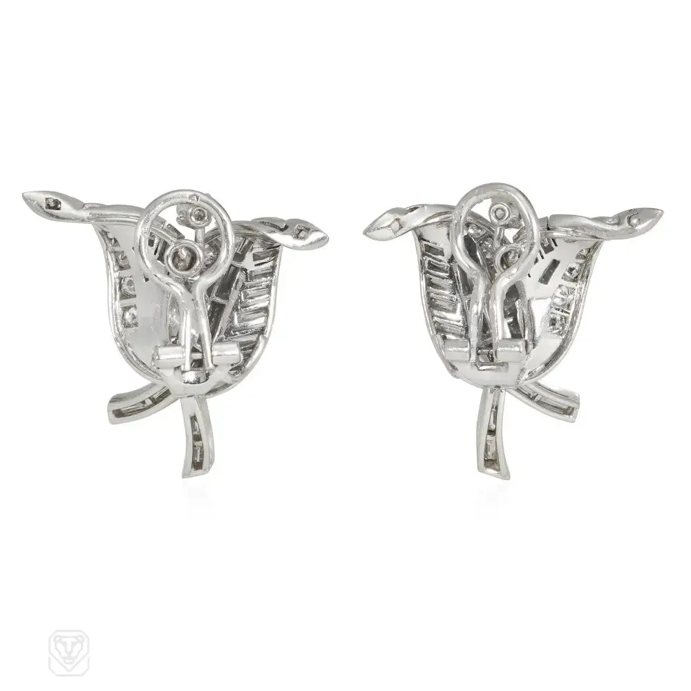 French 1950s platinum and diamond overlapping leaf earrings