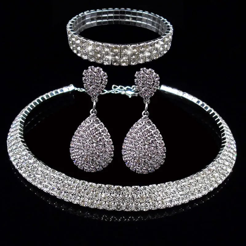 Full Rhinestone Multilayer Necklace Bracelet Drop Earring Set for Occasions