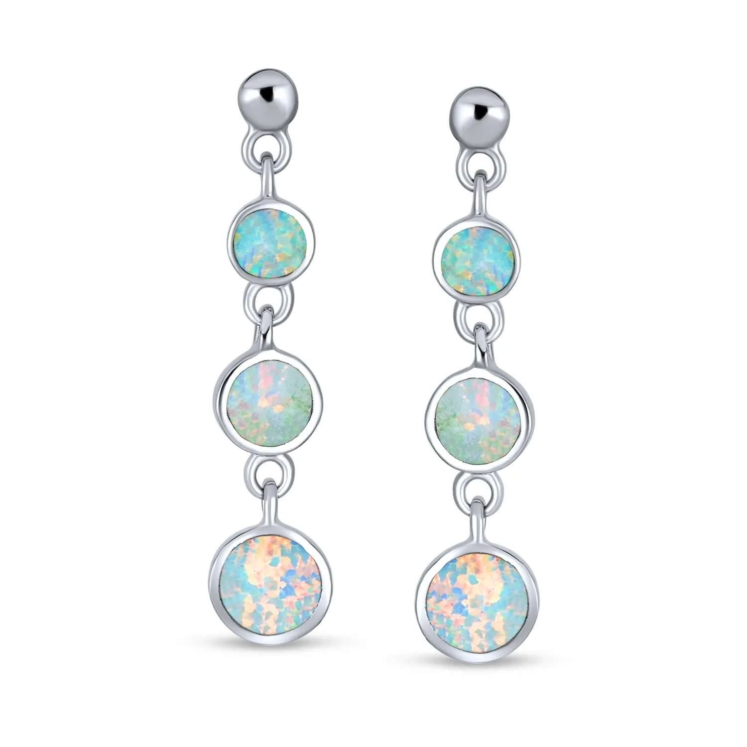 Geometric 3 Round Opal Long Dangle Earrings Gold Plated .925 Silver